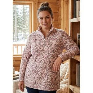 Susan Graver Weekend Animal Print Polar Fleece Quarter Zip Pullover 1X Mock Neck